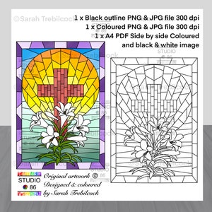 Descarga instantánea de 5 sellos digitales con forma de cruz de Pascua, lirio, vitrales, tarjetas, álbumes de recortes, dibujos en color y lineales en PDF, PNG y JPEG