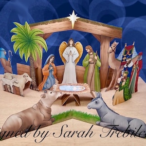 PDF Sofort-Download zum Drucken, Ausschneiden & Basteln einer Pop-Up-Krippen-Weihnachtskarte mit einem Originaldesign und Zeichnung von Sarah Trebilcock