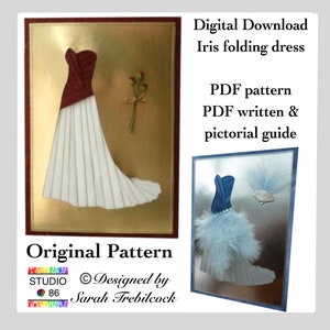 Download immediato in formato PDF A4 per un modello di abito pieghevole Iris con istruzioni scritte e illustrate, un design originale