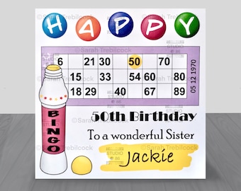 Personalised BINGO card Birthday card & insert ANY age dabber Mum Sister Friend Auntie Nan Daughter  40 50 60 70 DOB is ticket serial no