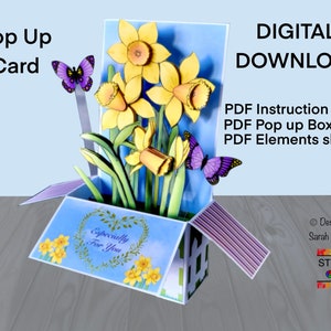 PDF instant download to print & make a pop up box concept card includes written and pictorial instructions, an original design of daffodils