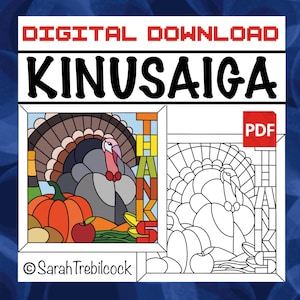 May include: A digital download PDF pattern featuring a stained glass style illustration of a turkey, pumpkin, and apple with the text THANKS. The design includes a colored version and a black and white line art version by Sarah Trebilcock.