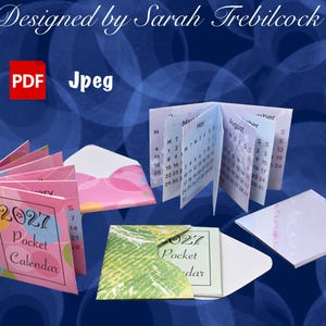 May include: A set of 2027 pocket calendars featuring colourful covers with pink, yellow, and blue circles, and green leaf patterns. The calendars are displayed open and closed, some tucked into matching envelopes, with text reading 2027 Pocket Calendar.