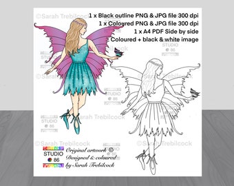 Instant Download 5 Digital Digi Stamps Fairy for Scrapbooking Card making Colouring Spring PDF PNG JPEG files coloured & black drawings