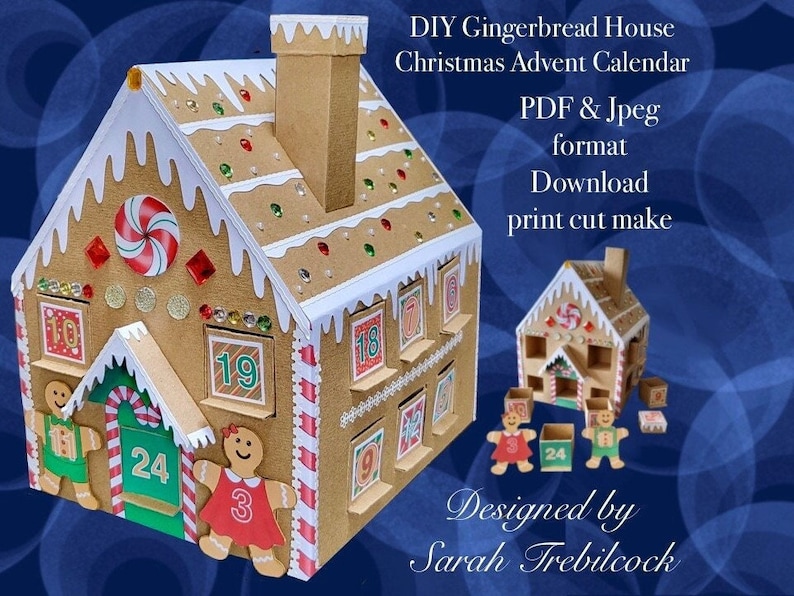 May include: A gingerbread house shaped Christmas advent calendar printable. The calendar is decorated with candy canes, icing, and colorful gems. The text on the image reads "DIY Gingerbread House Christmas Advent Calendar PDF & Jpeg format Download print cut make Designed by Sarah Trebilcock".