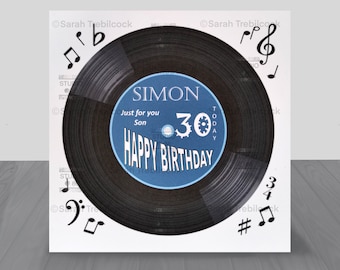 Tarjeta de cumpleaños personalizada con disco LP número 45 e inserto impreso Padre Hijo Esposo Hermano Nieto Tío Sobrino 21.º 30.º 40.º 50.º 60.º 70.º 80.º