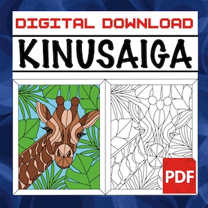 May include: Digital download featuring a giraffe illustration in a stained-glass style, with a colour version on the left and a line drawing on the right. The word "KINUSAIGA" is displayed prominently.