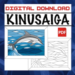 May include: A digital download PDF for a Kinusaiga craft project featuring a dolphin jumping over blue waves. The image displays a finished colored version and a black and white line art version of the design, both framed in white borders.