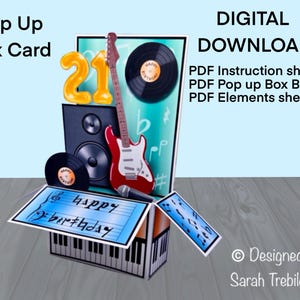 Directe pdf-download om af te drukken en een conceptkaart voor verjaardagsdoos met pop-upmuziekthema te maken, inclusief geschreven en geïllustreerde instructies