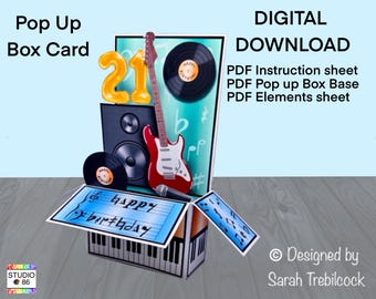 PDF-Sofort-Download zum Drucken und Erstellen einer Pop-Up-Musik-Themen-Geburtstagsbox-Konzeptkarte enthält schriftliche und bildliche Anweisungen