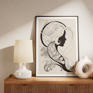 Affiche Silhouette Femme Florale à Imprimer | Art Botanique Noir et Blanc Élégant | Téléchargement Numérique