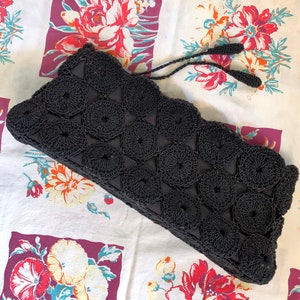1940s Extra Large Corde Black Clutch Handbag | Woven Circle Pattern Purse
