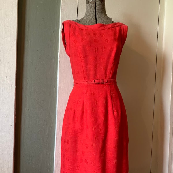 1950s Red Strawberry/Raspberry Stitch Detailed Wiggle Dress | XXS — XS