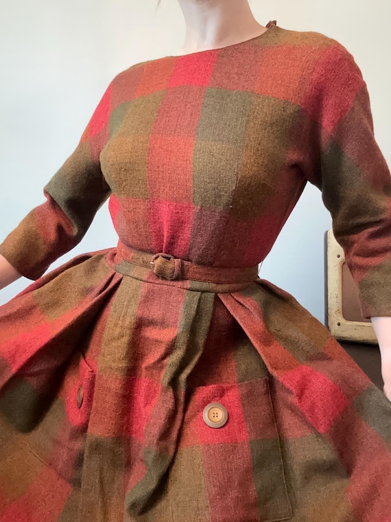 1950s Autumnal Wool Plaid Colorful Dress Novelty Buttons by L’Aiglon | XS