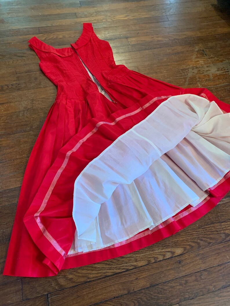 1950s Gigi Young Bright Red Full Skirt Pleated Party Dress Princess Seamed and Layered Bodice XS image 8