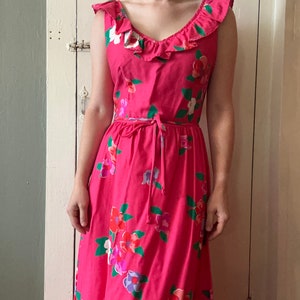 1970s Hot Magenta Pink Tropical Floral Cotton Maxi Dress | M