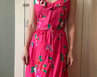 1970s Hot Magenta Pink Tropical Floral Cotton Maxi Dress | M