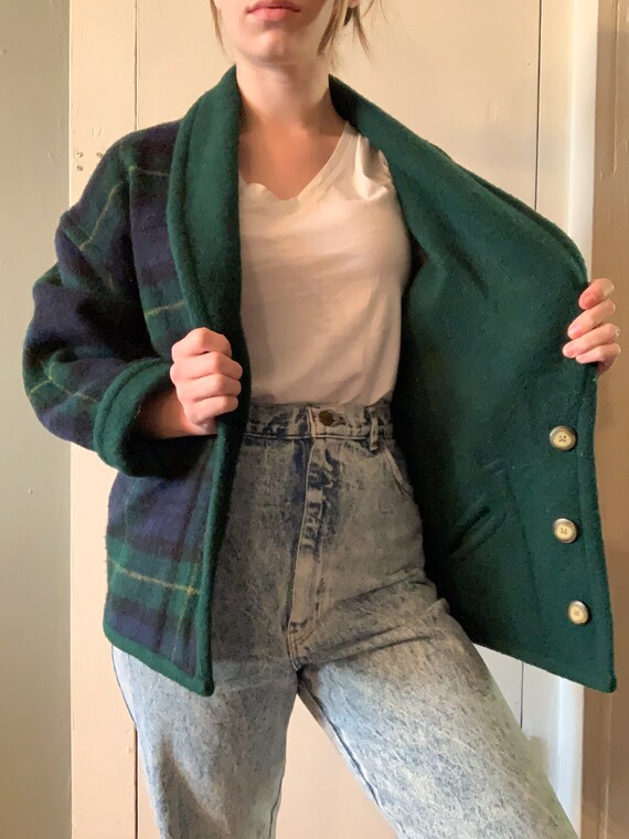 Reversible Vintage Wool Green and Blue Plaid Coat