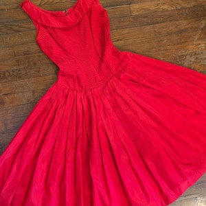 1950s Gigi Young Bright Red Full Skirt Pleated Party Dress Princess Seamed and Layered Bodice XS image 10