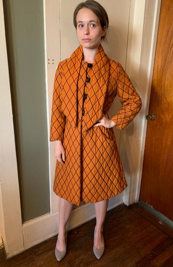 1950s Pumpkin Orange and Black Quilted Swing Coat