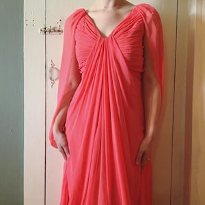 1980s Victor Costa Silk Chiffon Gown: Hot Pink Cape Shoulders, Size S-M