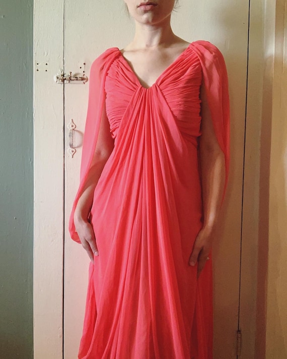 1980s Victor Costa Silk Chiffon Gown: Hot Pink Cape Shoulders, Size S-M