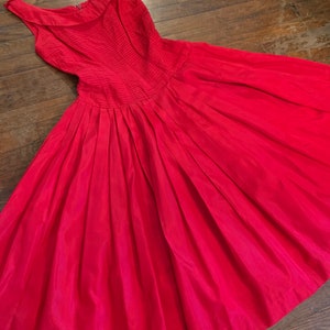 1950s Gigi Young Bright Red Full Skirt Pleated Party Dress Princess Seamed and Layered Bodice XS image 2