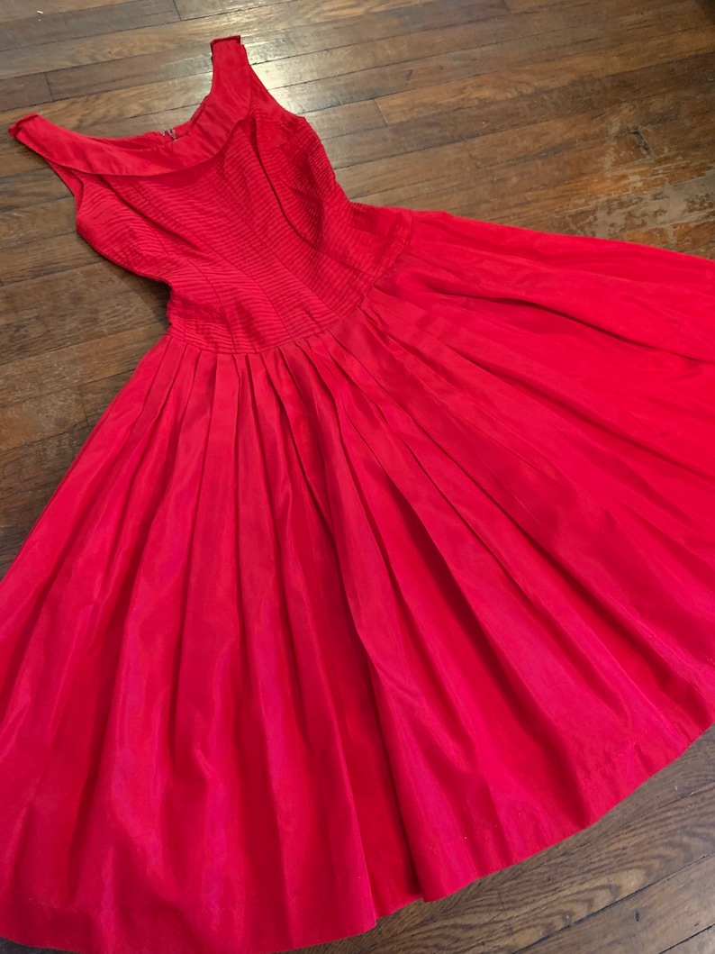 1950s Gigi Young Bright Red Full Skirt Pleated Party Dress Princess Seamed and Layered Bodice XS image 2