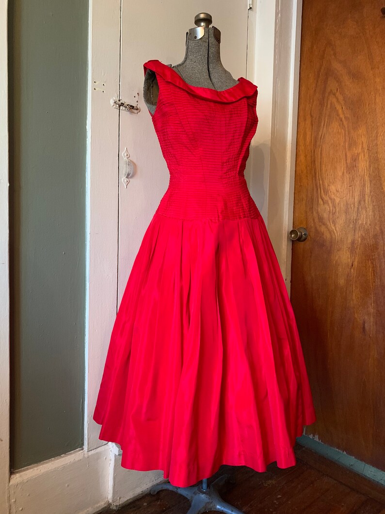 1950s Gigi Young Bright Red Full Skirt Pleated Party Dress Princess Seamed and Layered Bodice XS image 4