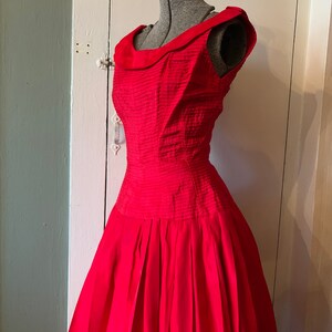 1950s Gigi Young Bright Red Full Skirt Pleated Party Dress Princess Seamed and Layered Bodice XS image 7