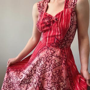 1950s KAMEHAMEHA Hawaiian Red Cotton Obmre Floral Print Dress | Starfish & Leaves | Vintage Hawaiian Dress | S