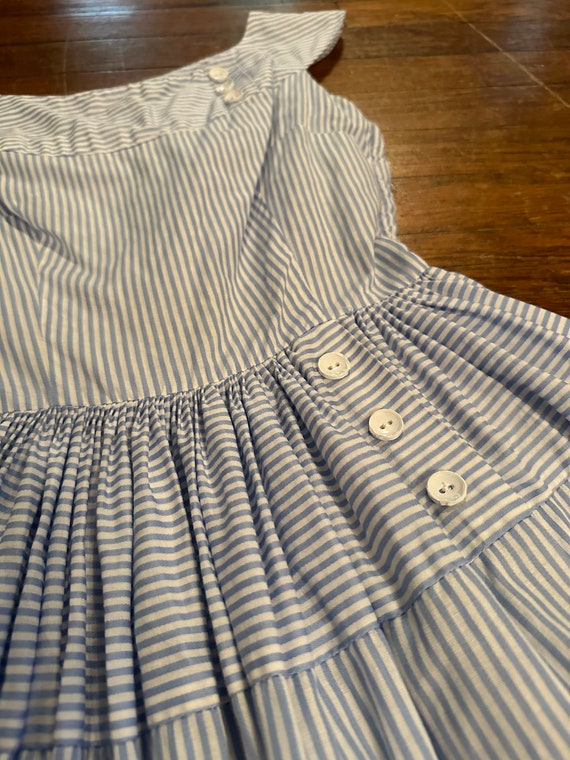 1950s Blue & White Striped Cotton Full Skirt Dres… - image 2