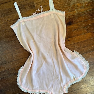 Antique 1920s Silk Petal Pink Step-In | Lace & Ribbon Trim Embroidered Lingerie Teddy | Art Deco Fashion | XS — M