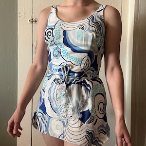 1950s Cotton Seashell Playsuit | Blue & White Abstract Beach Print Vintage Swimsuit | S — M