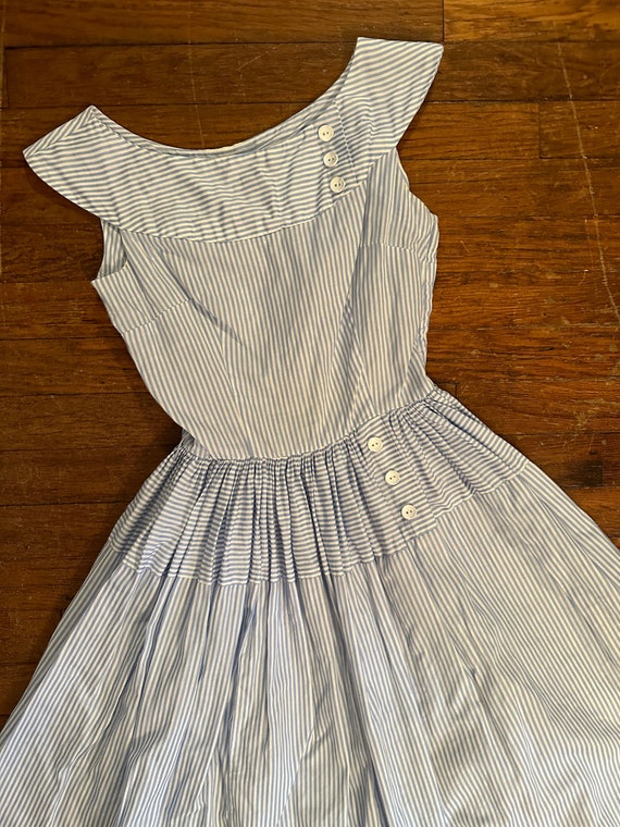 1950s Blue & White Striped Cotton Full Skirt Dres… - image 1