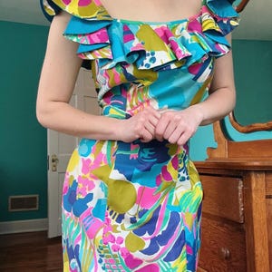 1960s Hawaiian Casuals by Stan Hicks Honolulu Vibrant Colorful Floral Cotton Gown | Mermaid Skirt | Vintage Hawaiian Dress | M — L