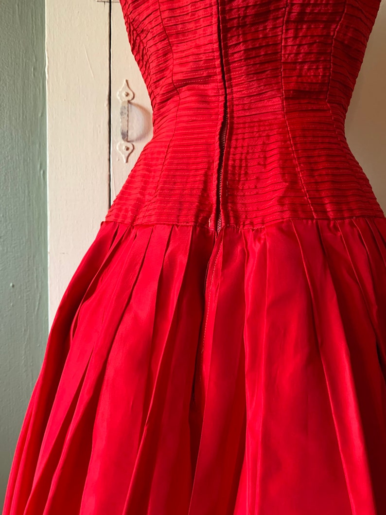 1950s Gigi Young Bright Red Full Skirt Pleated Party Dress Princess Seamed and Layered Bodice XS image 9