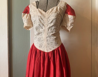 1930s Red & Cream Cotton Floral Eyelet Puff Sleeve Gown | S — M
