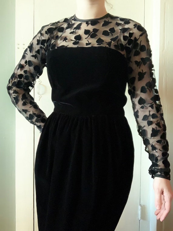 1980s Black Velvet Flocked Ivy Sheer Cocktail Dres