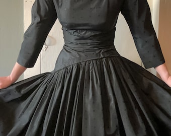 1950s Asymmetrical Black Taffeta Embossed Full Skirt Party Dress by Johnny Herbert | XS — S