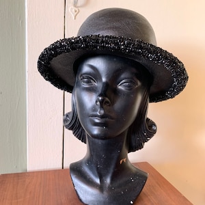 1960s Christian Dior Miss Dior Paris Black Formal Hat with Decorated Brim and Bow