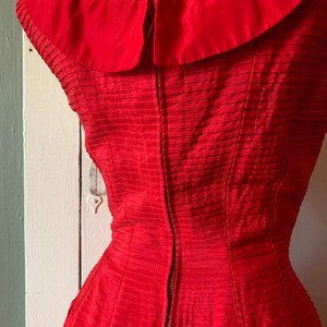 1950s Gigi Young Bright Red Full Skirt Pleated Party Dress Princess Seamed and Layered Bodice XS image 3