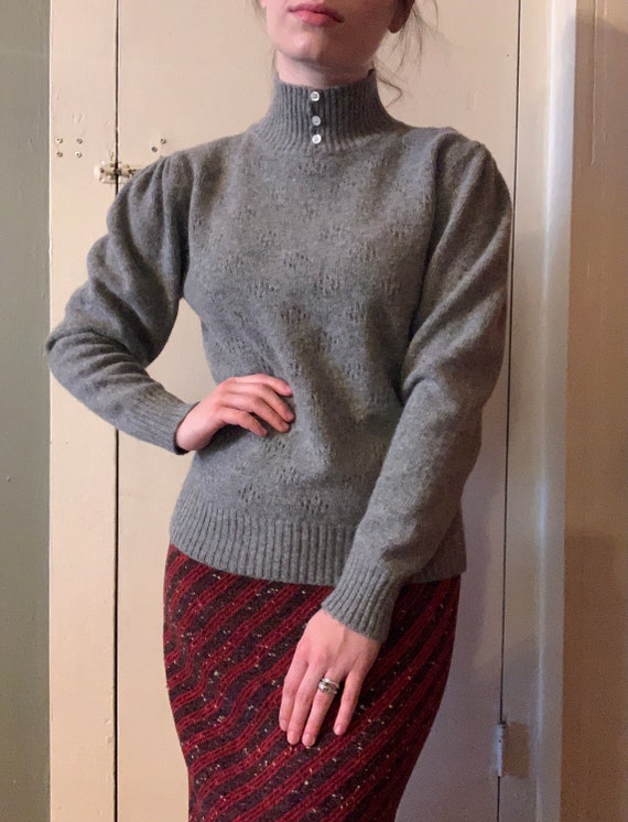 1980s Grey Wool and Angora Mutton Sleeve Eyelet Sw