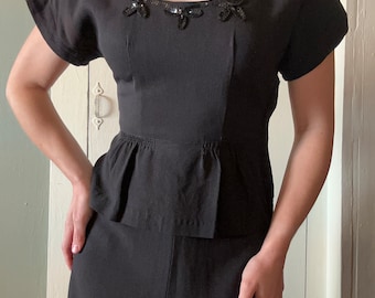 1940s Black Rayon Crêpe Dress | Sequin Tie Neckline, Peplum (XS — S)