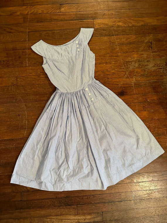 1950s Blue & White Striped Cotton Full Skirt Dres… - image 6