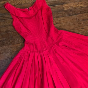 1950s Gigi Young Bright Red Full Skirt Pleated Party Dress Princess Seamed and Layered Bodice XS image 1