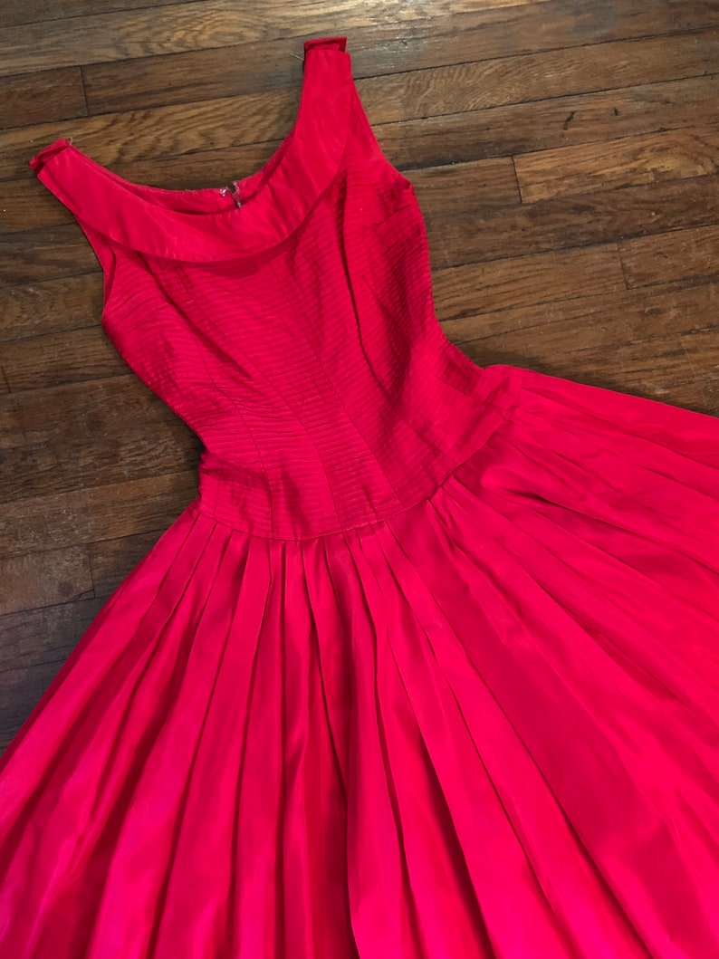 1950s Gigi Young Bright Red Full Skirt Pleated Party Dress Princess Seamed and Layered Bodice XS image 1