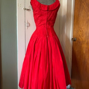 1950s Gigi Young Bright Red Full Skirt Pleated Party Dress Princess Seamed and Layered Bodice XS image 5