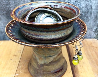 Ceramic Earring Holder with Dish in Waterfall Brown, Pottery Jewelry Tree, Earring Stand