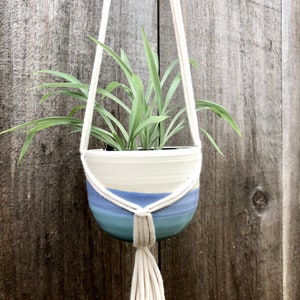 May include: A white ceramic hanging planter with blue and green stripes. The planter is filled with a green plant and is hanging from a white macrame cord.
